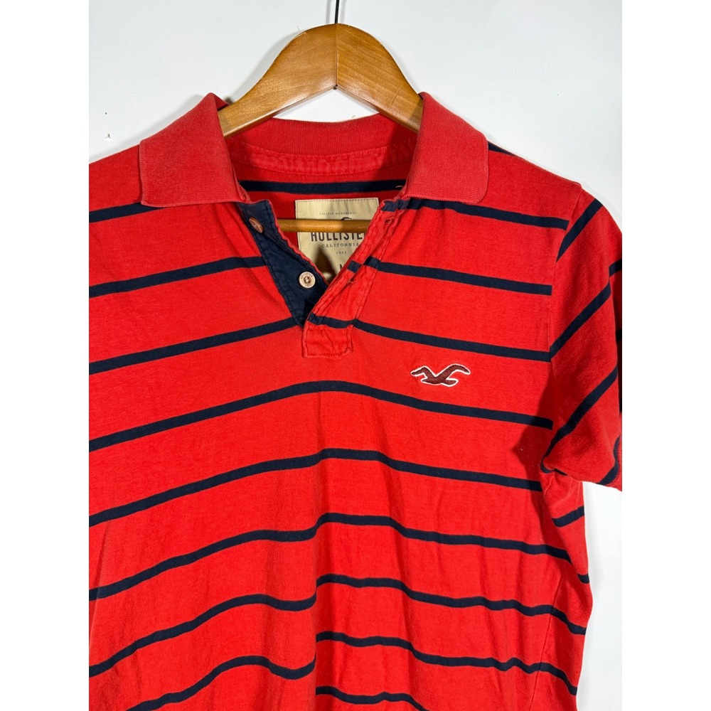 Hollister Mens Red Navy Blue Striped Short Sleeve Polo Shirt Size M Seagull Logo